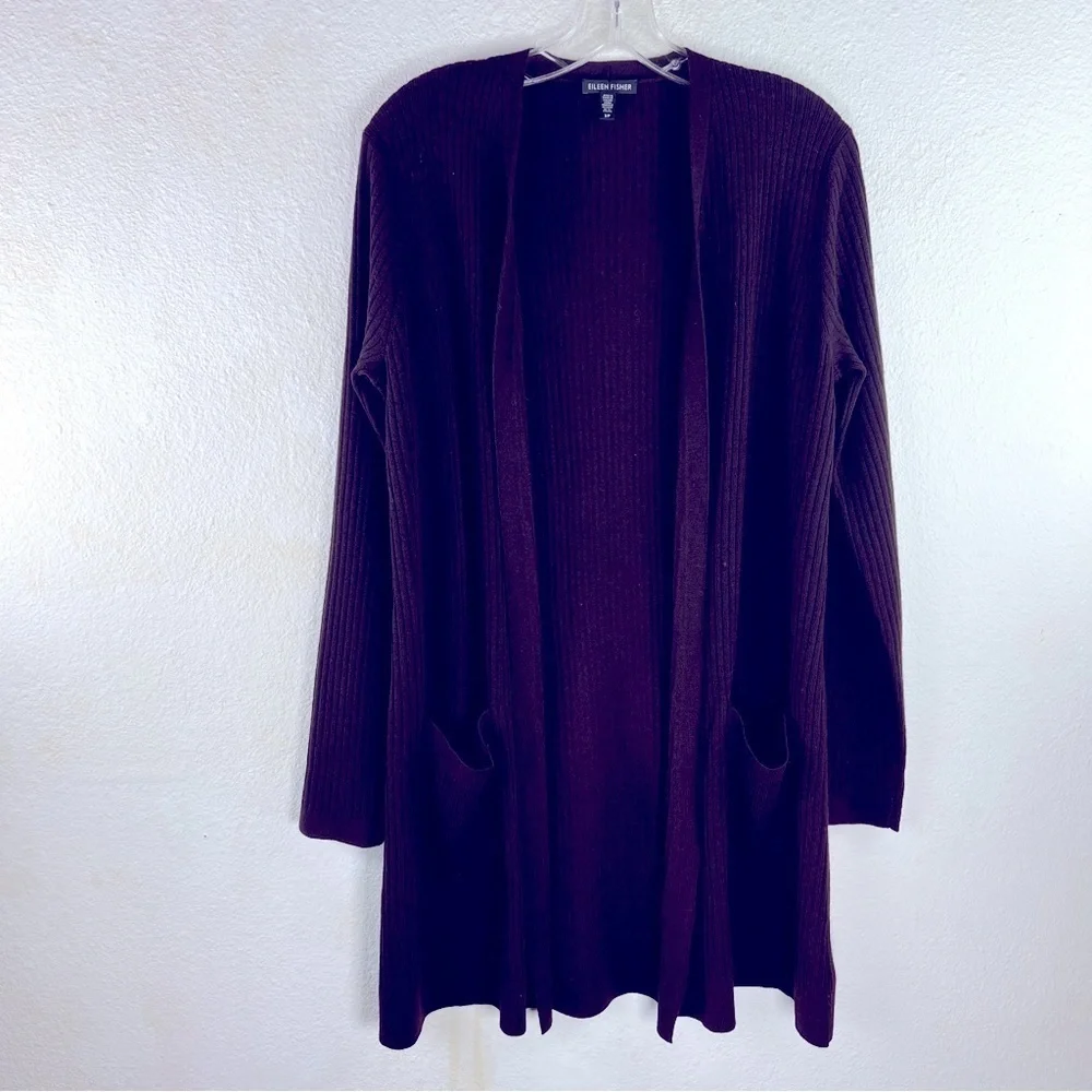 EILEEN FISHER Dark Brown ribbed duster sweater. Long sleeves, two pockets. SP - Picture 1 of 5